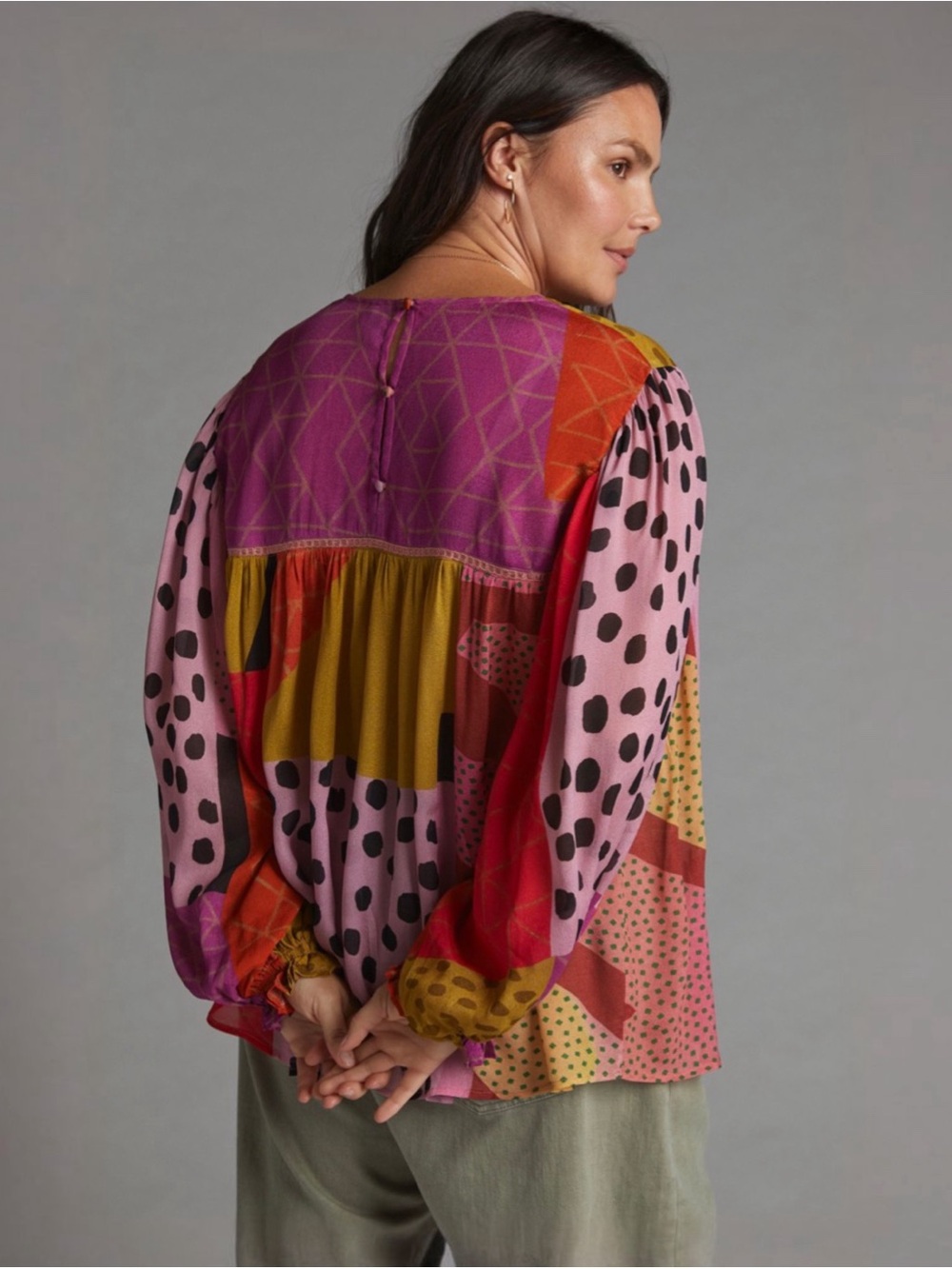 Anthropologie BL-NK Eclectic Pink Patchwork Peasant Blouse Petite Boho Top NWT - Picture 3 of 7